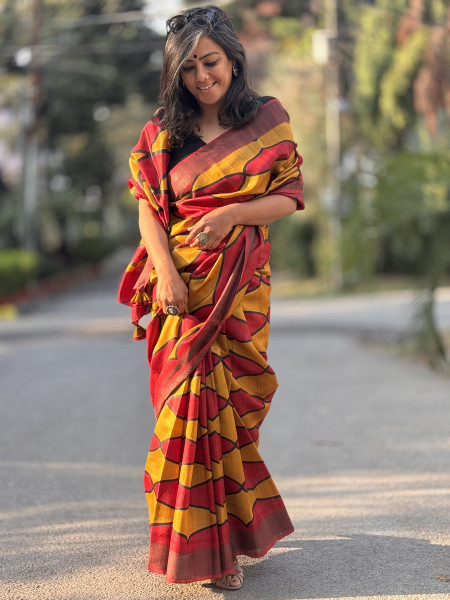 RED-YELLOW BLOCK PRINT TUSSAR SILK SARI