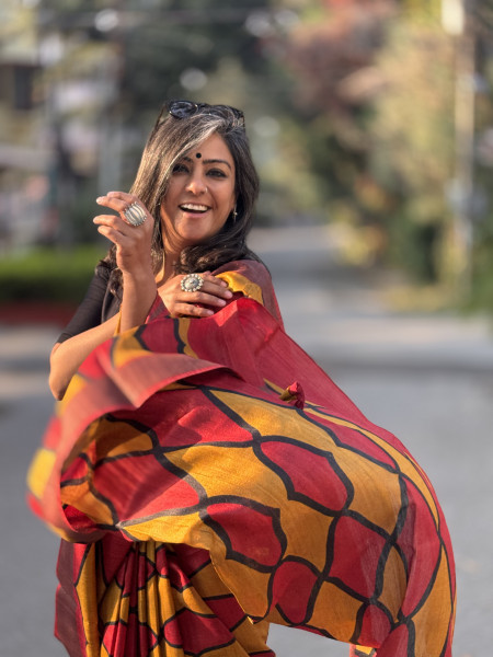 RED-YELLOW BLOCK PRINT TUSSAR SILK SARI