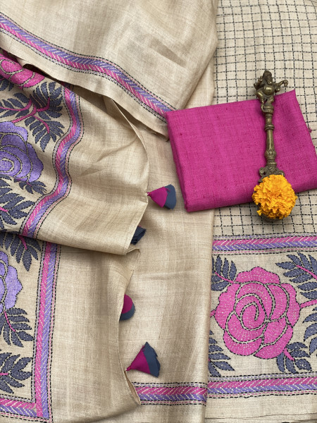 BEIGE KANTHA HAND EMBROIDERED TUSSAR  SILK SARI