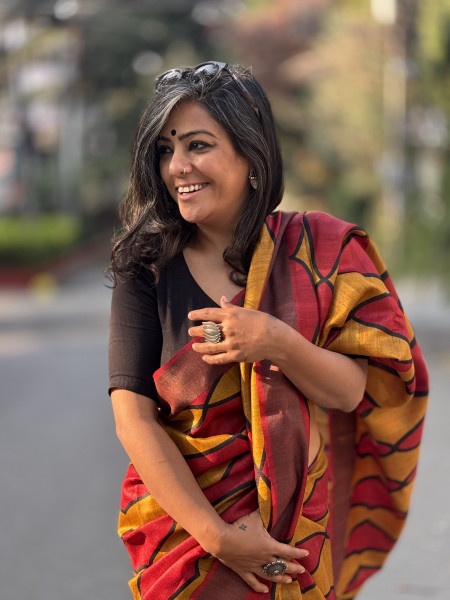 RED-YELLOW BLOCK PRINT TUSSAR SILK SARI