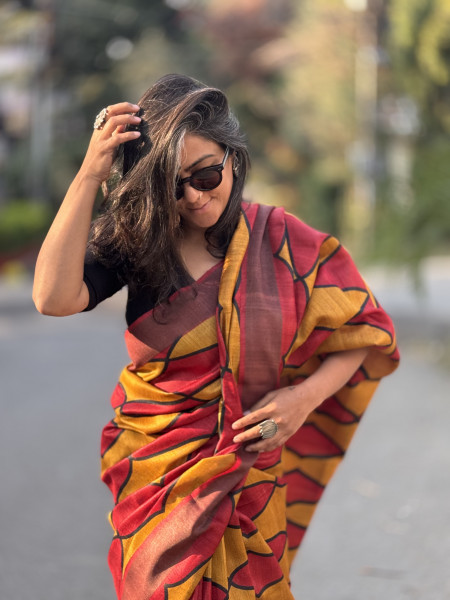 RED-YELLOW BLOCK PRINT TUSSAR SILK SARI