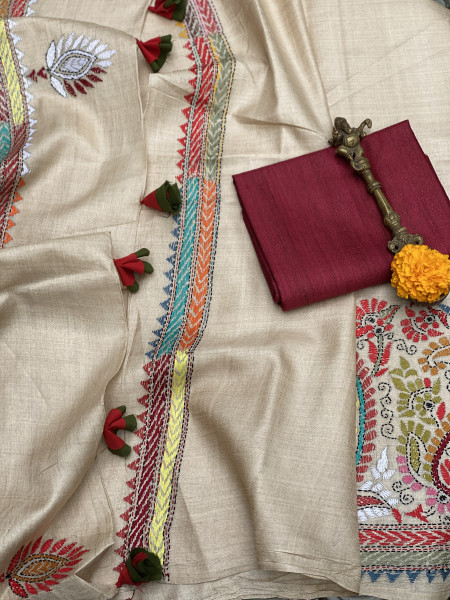 BEIGE KANTHA HAND EMBROIDERED TUSSAR  SILK SARI