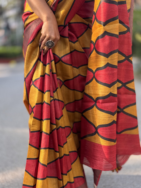 RED-YELLOW BLOCK PRINT TUSSAR SILK SARI