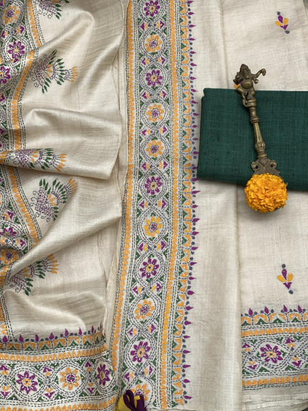 BEIGE KANTHA HAND EMBROIDERED TUSSAR  SILK SARI