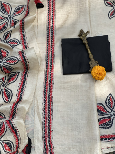 BEIGE KANTHA HAND EMBROIDERED TUSSAR  SILK SARI