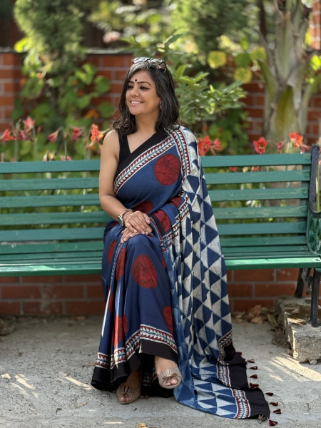 INDIGO-MAROON MODAL SILK AJRAKH BLOCK PRINT SARI