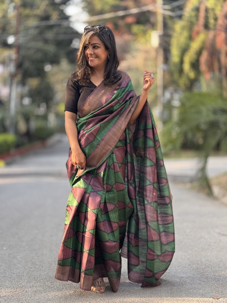 WINE-GREEN BLOCK PRINT TUSSAR SILK SARI