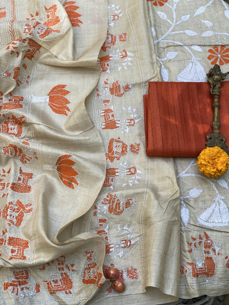 BEIGE KANTHA HAND EMBROIDERED TUSSAR SILK SARI