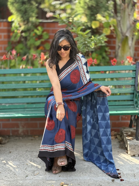 INDIGO-MAROON MODAL SILK AJRAKH BLOCK PRINT SARI