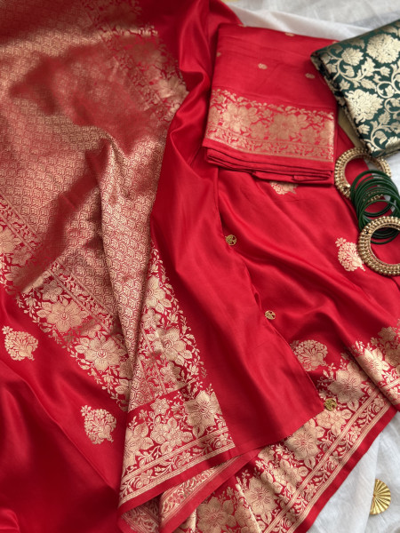 RED BANARASI HAND WOVEN PURE MASHRU SILK SARI