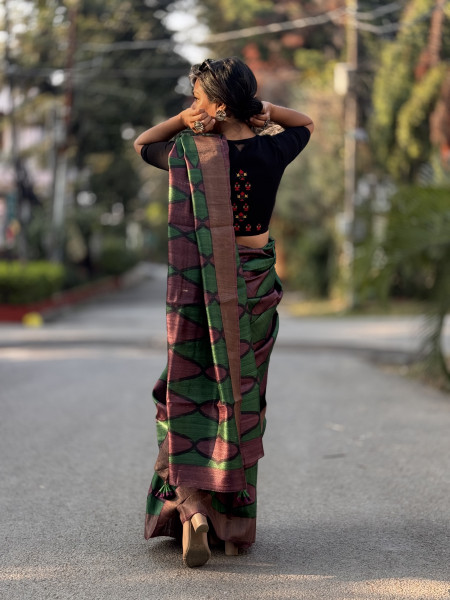 WINE-GREEN BLOCK PRINT TUSSAR SILK SARI