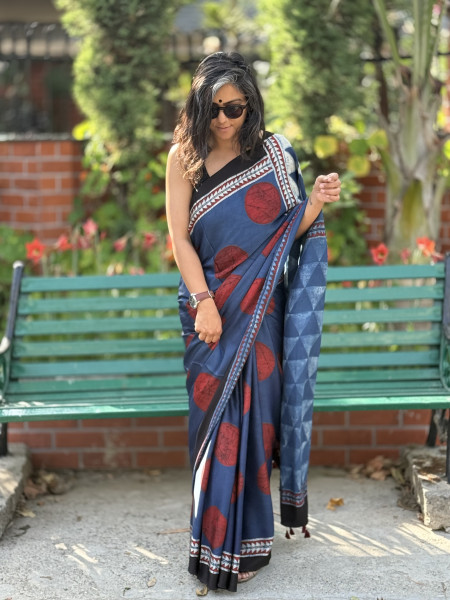 INDIGO-MAROON MODAL SILK AJRAKH BLOCK PRINT SARI