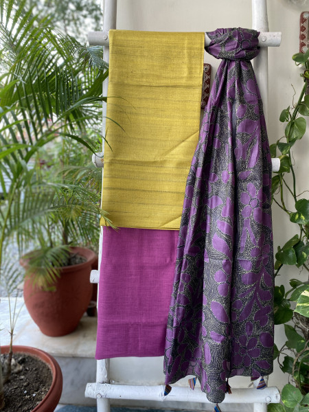 MUSTARD & BLACK SILK KANTHA EMBROIDERED dupatta  SET