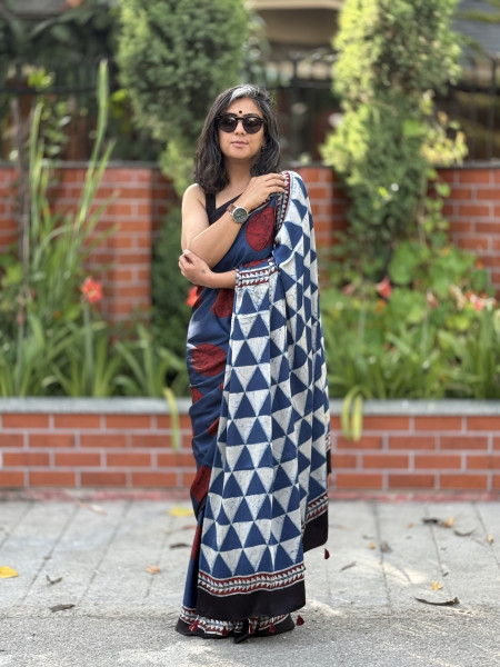 INDIGO-MAROON MODAL SILK AJRAKH BLOCK PRINT SARI
