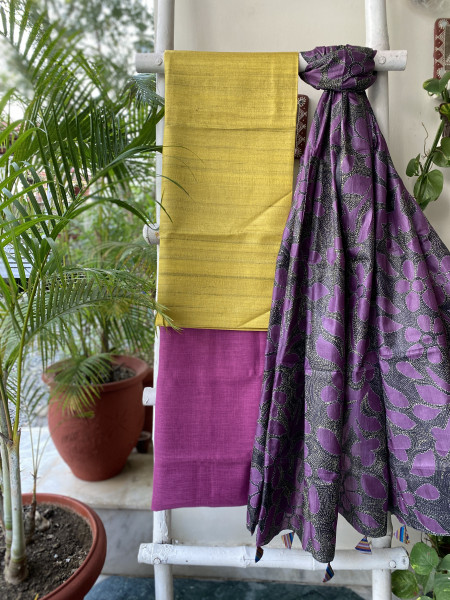 MUSTARD & BLACK SILK KANTHA EMBROIDERED dupatta  SET