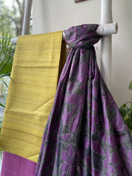 MUSTARD & BLACK SILK KANTHA EMBROIDERED dupatta  SET