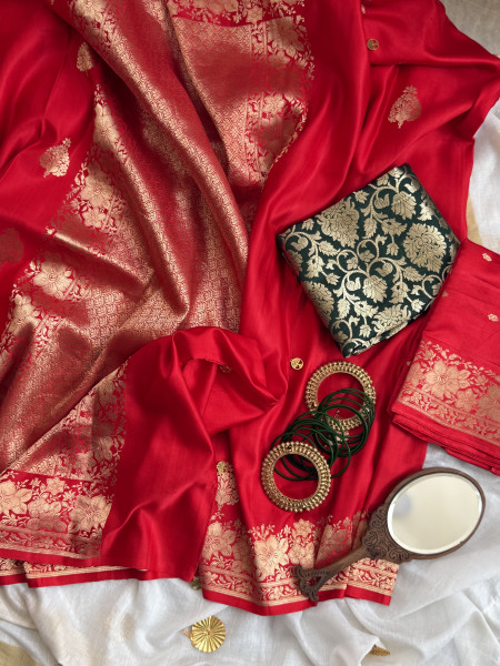 RED BANARASI HAND WOVEN PURE MASHRU SILK SARI
