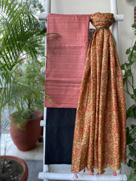 RUST & MUSTARD TUSSAR SILK KANTHA EMBROIDERED dupatta  SET