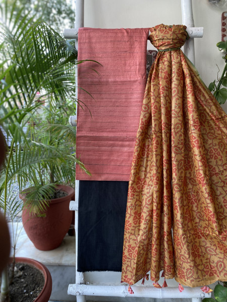 RUST & MUSTARD TUSSAR SILK KANTHA EMBROIDERED dupatta  SET