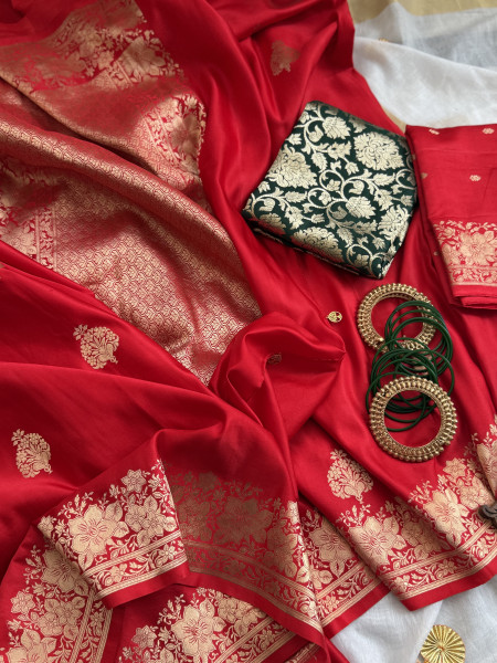 RED BANARASI HAND WOVEN PURE MASHRU SILK SARI