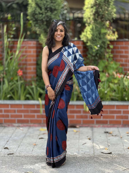 INDIGO-MAROON MODAL SILK AJRAKH BLOCK PRINT SARI
