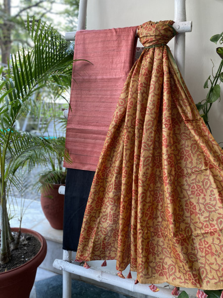 RUST & MUSTARD TUSSAR SILK KANTHA EMBROIDERED dupatta  SET