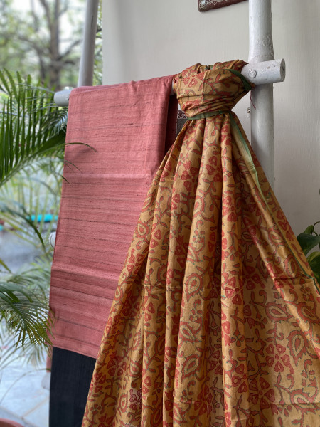 RUST & MUSTARD TUSSAR SILK KANTHA EMBROIDERED dupatta  SET