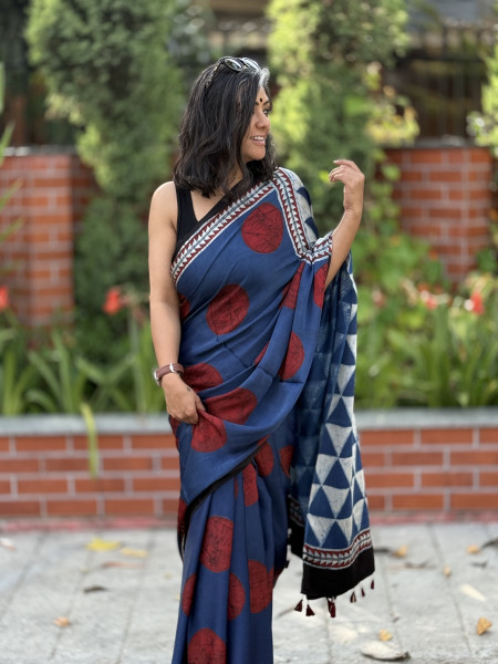 INDIGO-MAROON MODAL SILK AJRAKH BLOCK PRINT SARI