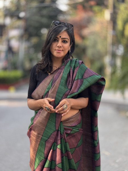 WINE-GREEN BLOCK PRINT TUSSAR SILK SARI