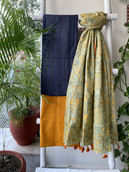 CHARCOAL BLACK & MINT GREEN TUSSAR SILK KANTHA EMBROIDERED dupatta  SET