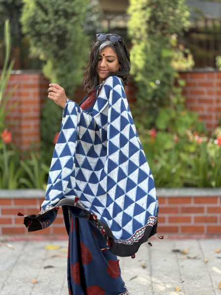 INDIGO-MAROON MODAL SILK AJRAKH BLOCK PRINT SARI