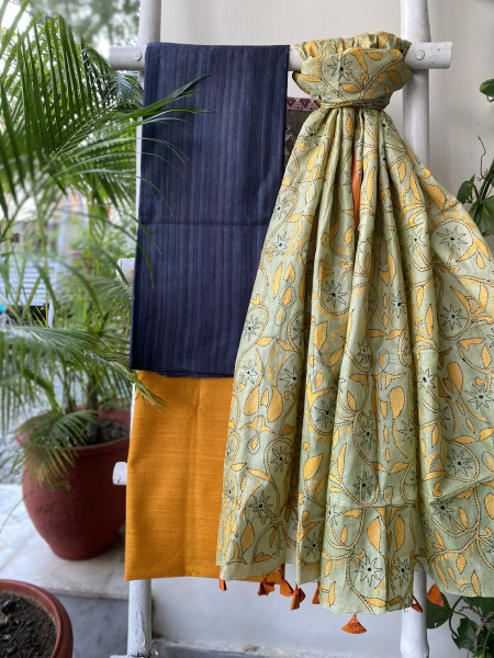 CHARCOAL BLACK & MINT GREEN TUSSAR SILK KANTHA EMBROIDERED dupatta  SET