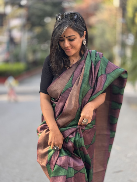 WINE-GREEN BLOCK PRINT TUSSAR SILK SARI