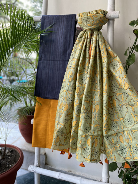 CHARCOAL BLACK & MINT GREEN TUSSAR SILK KANTHA EMBROIDERED dupatta  SET