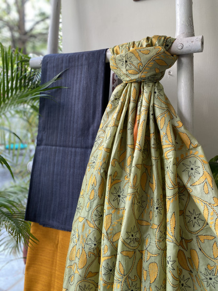 CHARCOAL BLACK & MINT GREEN TUSSAR SILK KANTHA EMBROIDERED dupatta  SET