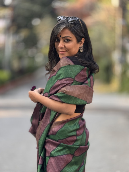 WINE-GREEN BLOCK PRINT TUSSAR SILK SARI