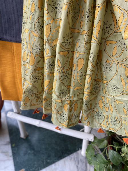 CHARCOAL BLACK & MINT GREEN TUSSAR SILK KANTHA EMBROIDERED dupatta  SET