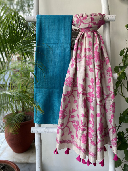 BLUE & OFF WHITE TUSSAR SILK KANTHA EMBROIDERED dupatta  SET