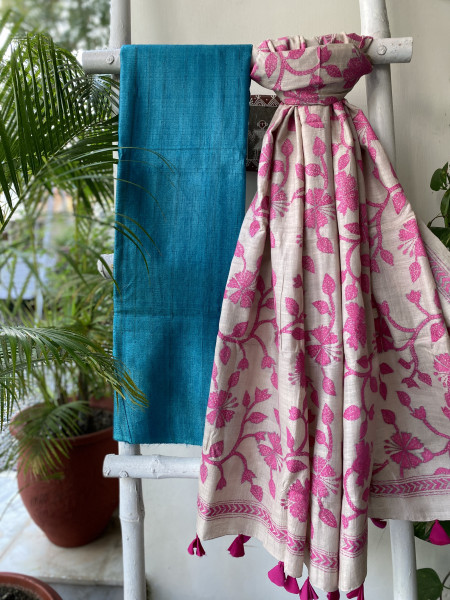 BLUE & OFF WHITE TUSSAR SILK KANTHA EMBROIDERED dupatta  SET