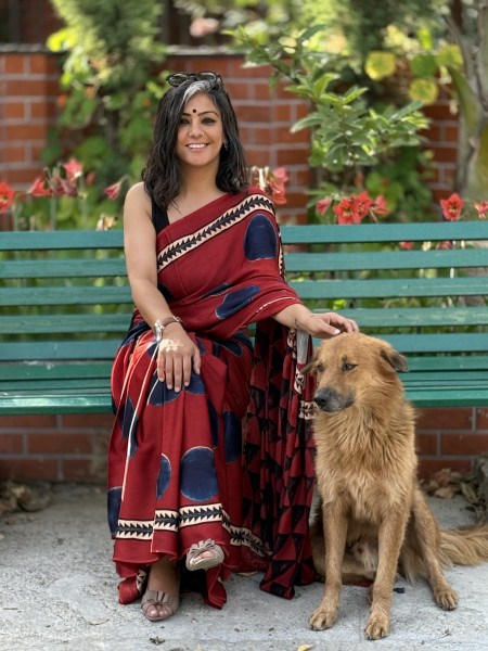 MAROON-INDIGO MODAL SILK AJRAKH BLOCK PRINT SARI