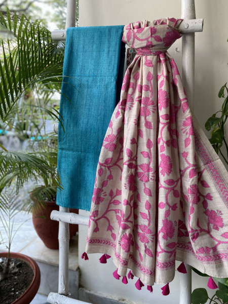 BLUE & OFF WHITE TUSSAR SILK KANTHA EMBROIDERED dupatta  SET