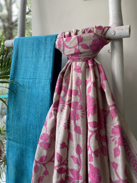 BLUE & OFF WHITE TUSSAR SILK KANTHA EMBROIDERED dupatta  SET