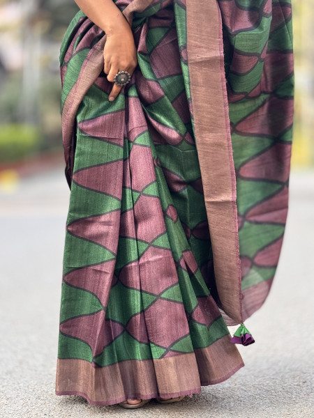 WINE-GREEN BLOCK PRINT TUSSAR SILK SARI