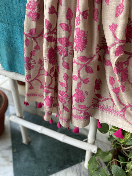 BLUE & OFF WHITE TUSSAR SILK KANTHA EMBROIDERED dupatta  SET