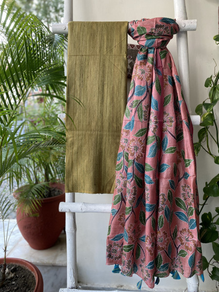 MEHNDI GREEN & SALMON TUSSAR SILK KANTHA EMBROIDERED dupatta  SET