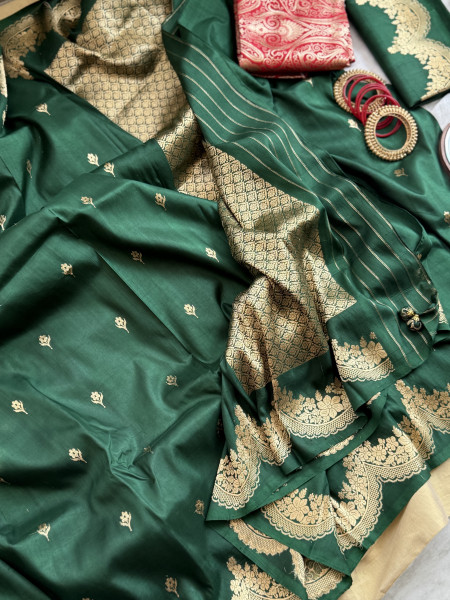 BOTTLE GREEN BANARASI HAND WOVEN PURE SILK SARI