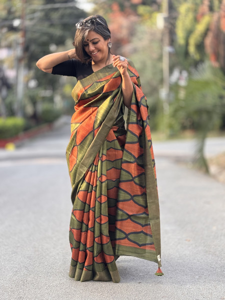 RUST-MEHNDI BLOCK PRINT TUSSAR SILK SARI