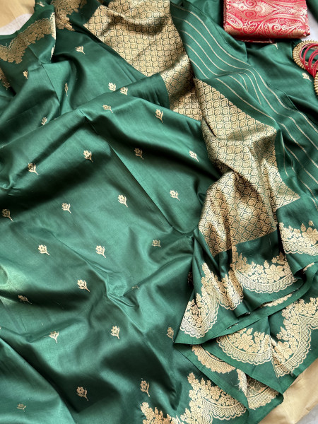 BOTTLE GREEN BANARASI HAND WOVEN PURE SILK SARI