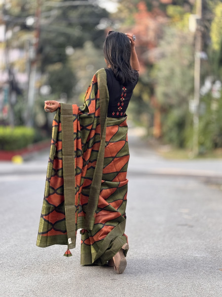 RUST-MEHNDI BLOCK PRINT TUSSAR SILK SARI