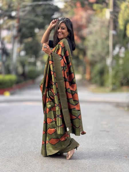 RUST-MEHNDI BLOCK PRINT TUSSAR SILK SARI